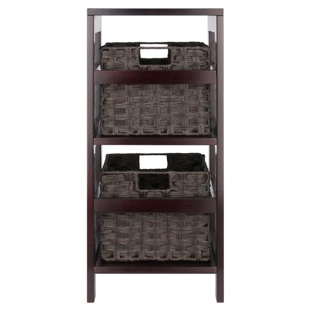 Winsome Leo 2-Tier Storage Shelf with 2 Foldable Woven Baskets, for Living Room, Home Office, Bedroom, Espresso