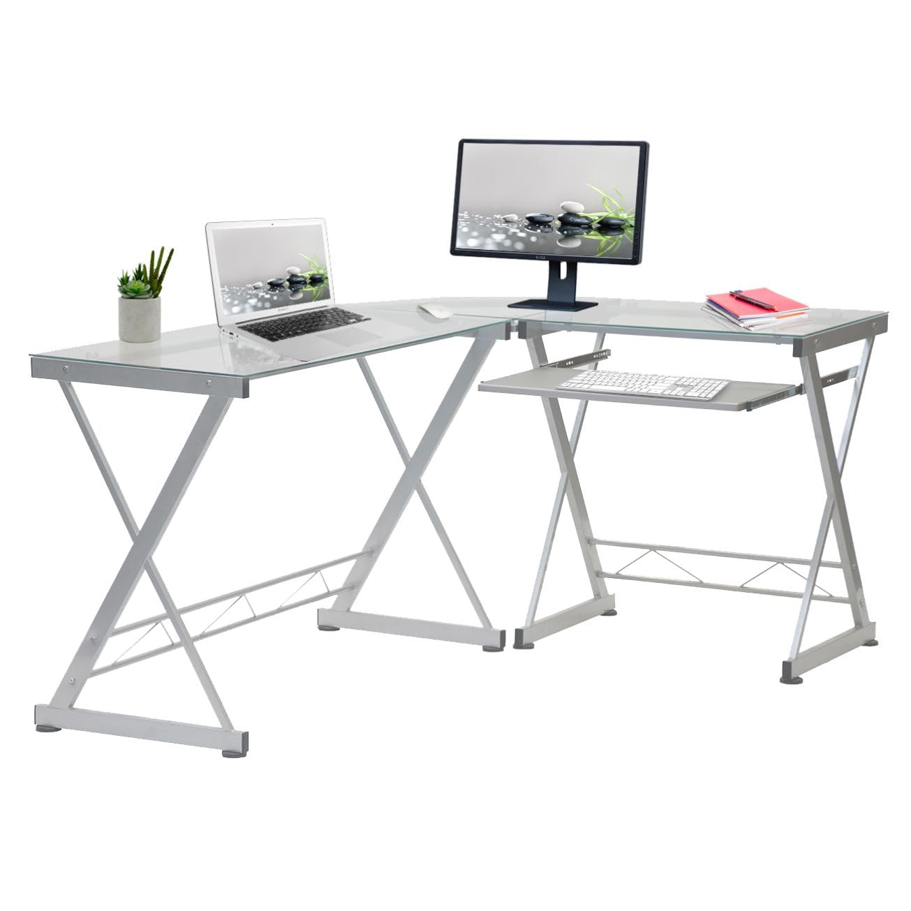Techni Mobili L Shaped Desk With Keyboard Tray - Efficient Work From Home Desk - Glass L Shaped Desk - Professional Work Desk For Home Office - Versatile Glass Corner Desks For Home Office
