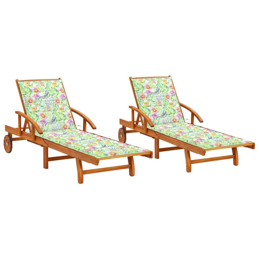 vidaXL 2 Piece Sun Loungers with Cushions in Rustic Acacia Wood - Inbuilt Wheels for Easy Movement - Adjustable Backrest and Footrest - Leaf Pattern Decorative Cushions