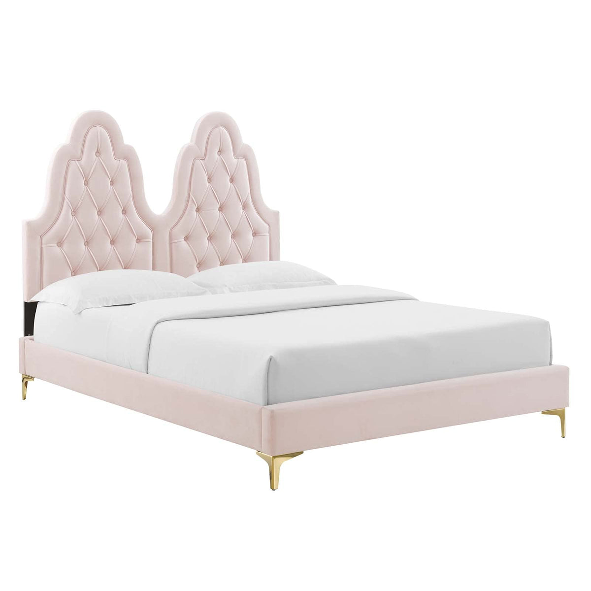 Modway Alexandria Tufted Performance Velvet Platform Bed with Gold Legs, King, Pink