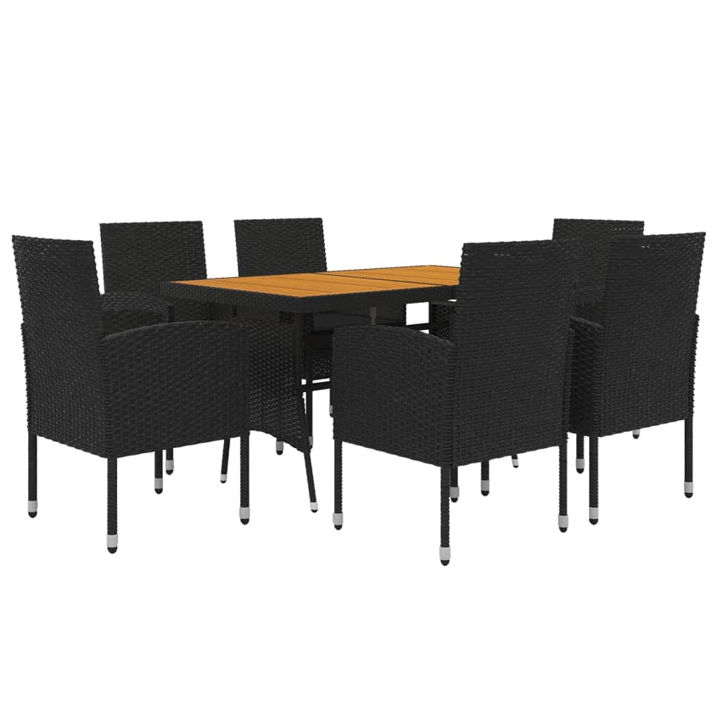 vidaXL Black Poly Rattan 7 Piece Patio Dining Set with Comfortable Cushioned Chairs and Solid Acacia Wood Table - Outdoor Furnit