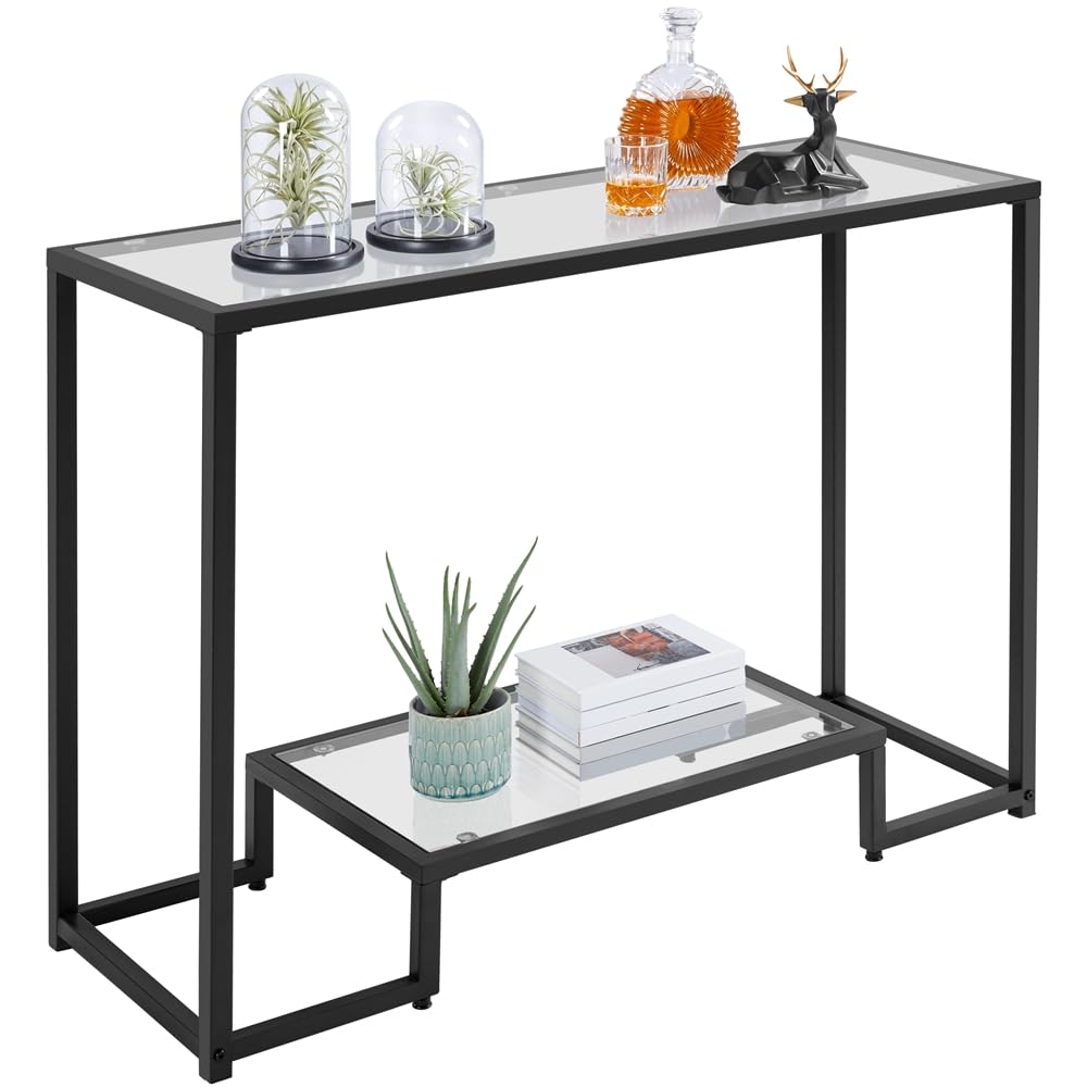 Yaheetech 42 Inch Console Table, Tempered Glass Entryway Table, 2-Tier Sofa Table With Storage Shelves, Entrance Table For Hallway Living Room, Black