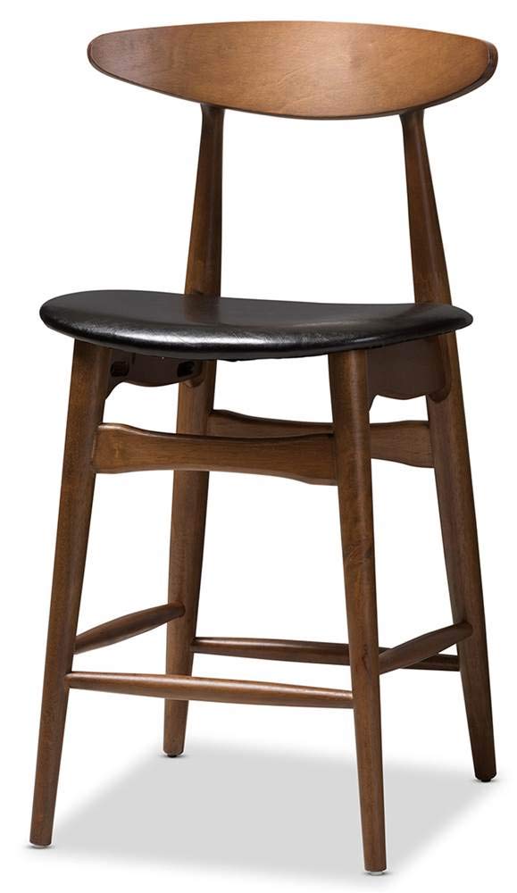Baxton Studio Flora Mid-Century Modern Black Faux Leather Upholstered Walnut Finished Counter Stool Set Black/Qty 2/Medium Wood/Mid-Century/Faux Leather/Rubber Wood/Foam