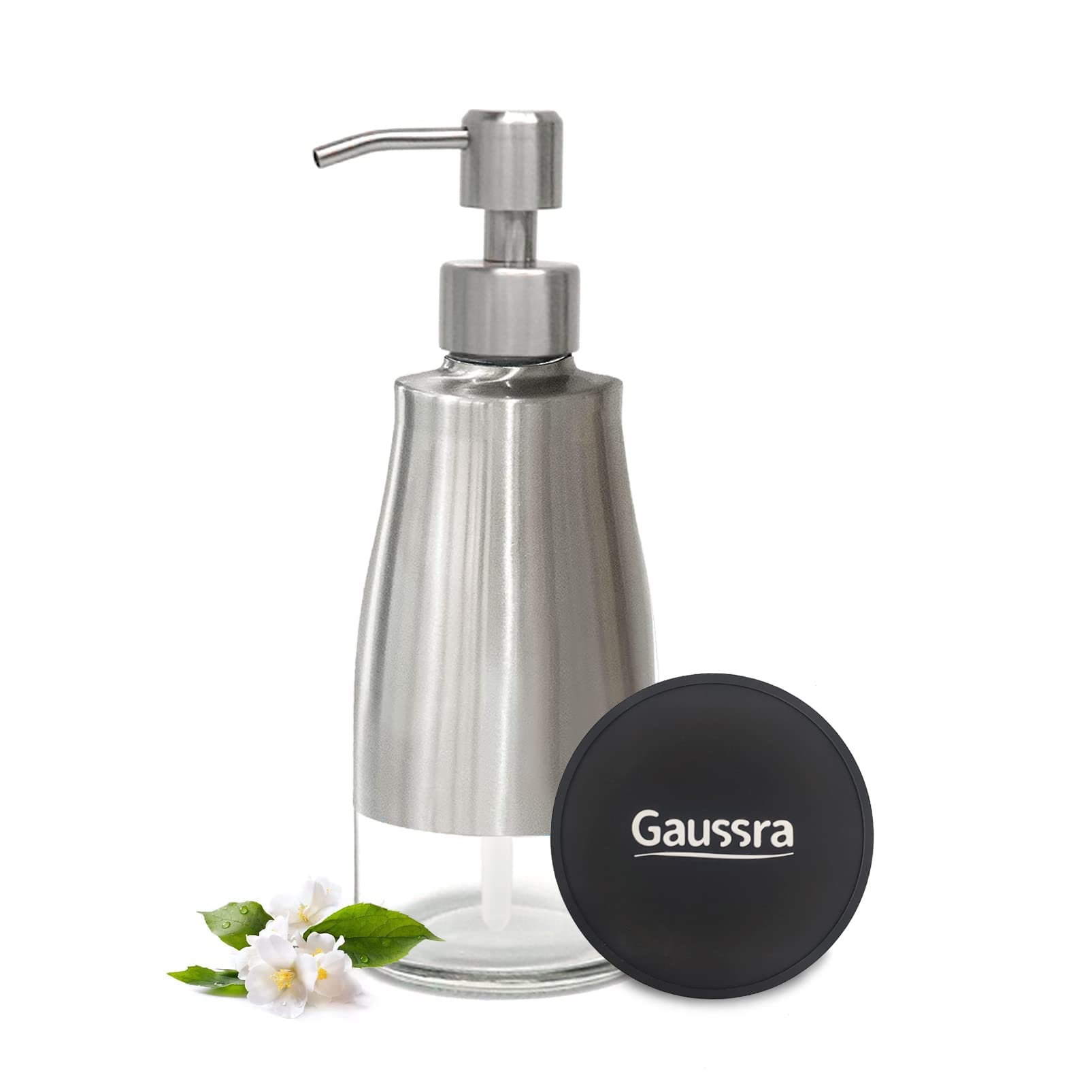 Gaussra Soap Dispenser with Coaster and Stickers, Brushed Nickel Stainless Steel Case Glass Liner Hand Pump Dispenser, Refillabl