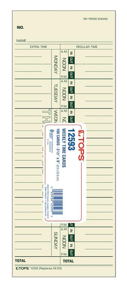 Tops Time Cards, Weekly, 1-Sided, Replaces M-33, 10-800292, 3-1/2' X 9', Manila, Green Print, 100-Count (12593)