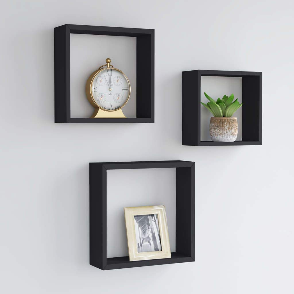 vidaXL Wall Mounted Cube Shelves 3 pcs in Black MDF - Modern Room Decor and Display with Invisible Mounting System and Various Sizes