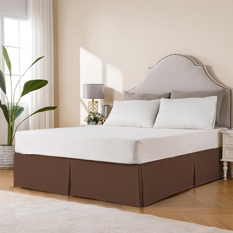 Miye Pleated Waffle Weave Bed Skirt, Tailored Dust Ruffle 14 Inch Drop Easy Fit, Machine Washable (Brown, Queen - 14'' Drop)