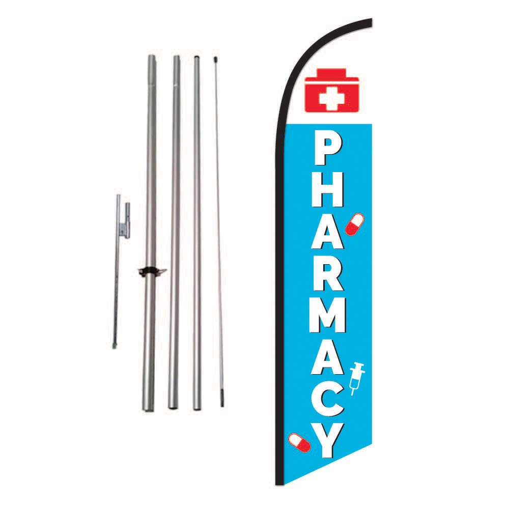 Pharmacy Store Advertising Feather Banner Swooper Flag Sign With Flag Pole Kit And Ground Stake