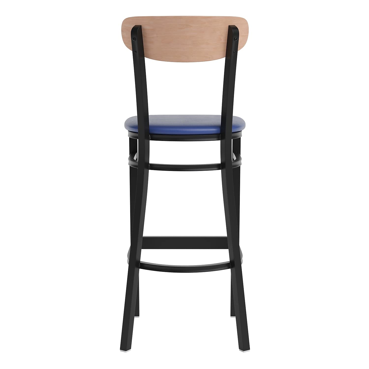Flash Furniture Wright Commercial Barstool - Natural Birch Finish Wood Boomerang Back - Blue Vinyl Seat - 500 Lb. Capacity Black Steel Frame - Integrated Footrest