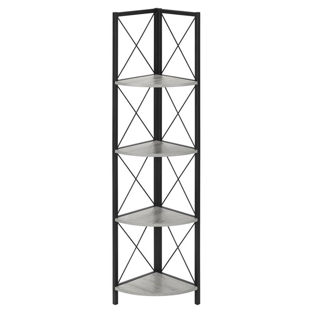 Monarch Specialties I 3647 Bookshelf, Bookcase, Etagere, Corner, 4 Tier, 60&quot; H, Office, Bedroom, Metal, Laminate, Grey, Black, Contemporary, Modern