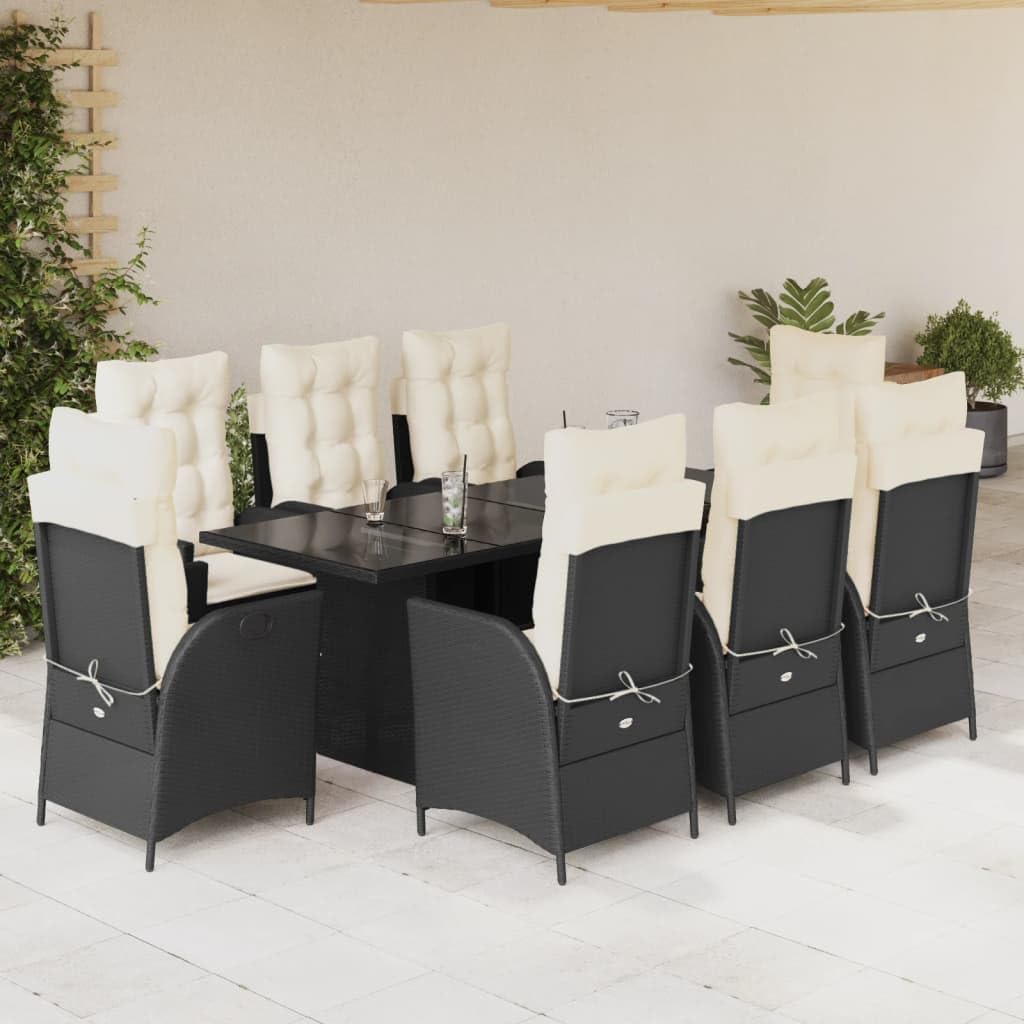 vidaXL 9 Piece Patio Dining Set - Black Poly Rattan/Tempered Glass Table/Cushioned Outdoor Chairs - Perfect for Garden, Backyard, Patio