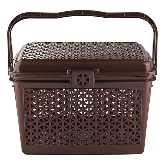 Nadeems World Trendy Shopping Storage Basket With Handles, Multicolor Solid Plastic Big Bin With Lid, 30 X 41 X 28 Cm Pack Of 1P