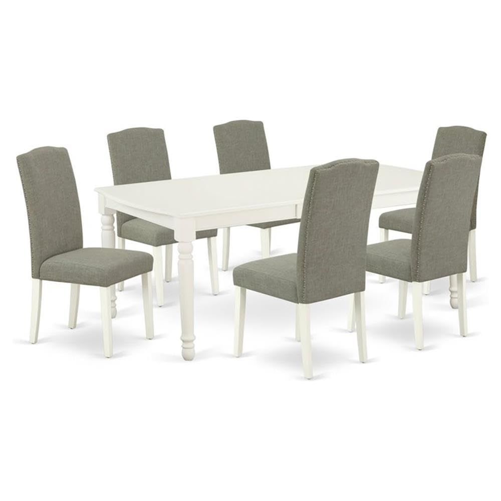East West Furniture Doen7-Lwh-06 7 Piece Dining Room Set Consist Of A Rectangle Wooden Table With Butterfly Leaf And 6 Dark Shitake Linen Fabric Parson Dining Chairs, 42X78 Inch, Linen White