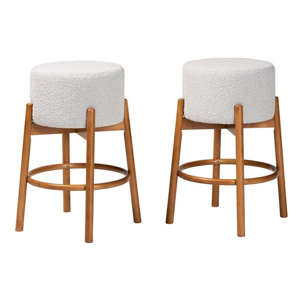 Baxton Studio Olwen Modern Japandi Light Grey Boucle Fabric And Walnut Brown Finished Wood 2-Piece Bar Stool Set