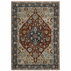HomeRoots 508056 6 x 9 ft. Blue Beige Tan Brown Gold & Rust Red Oriental Power Loom Stain Resistant Rectangle Area Rug with Fringe