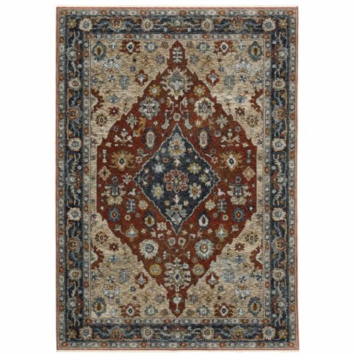 HomeRoots 508056 6 x 9 ft. Blue Beige Tan Brown Gold & Rust Red Oriental Power Loom Stain Resistant Rectangle Area Rug with Fringe