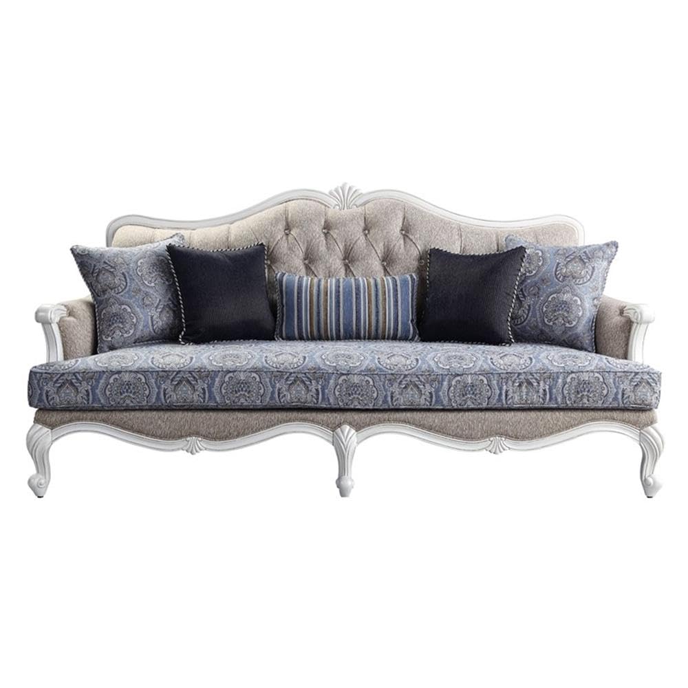 Acme Ciddrenar Fabric Tufted Sofa with 5 Pillows in White
