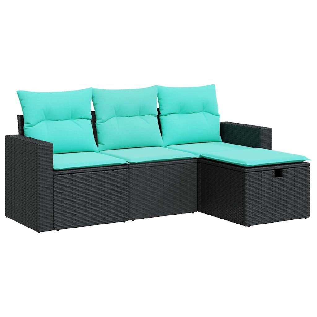 vidaXL 4-Piece Patio Sofa Set - Black Poly Rattan Seating with Blue Cushions/Storage for Garden/Terrace