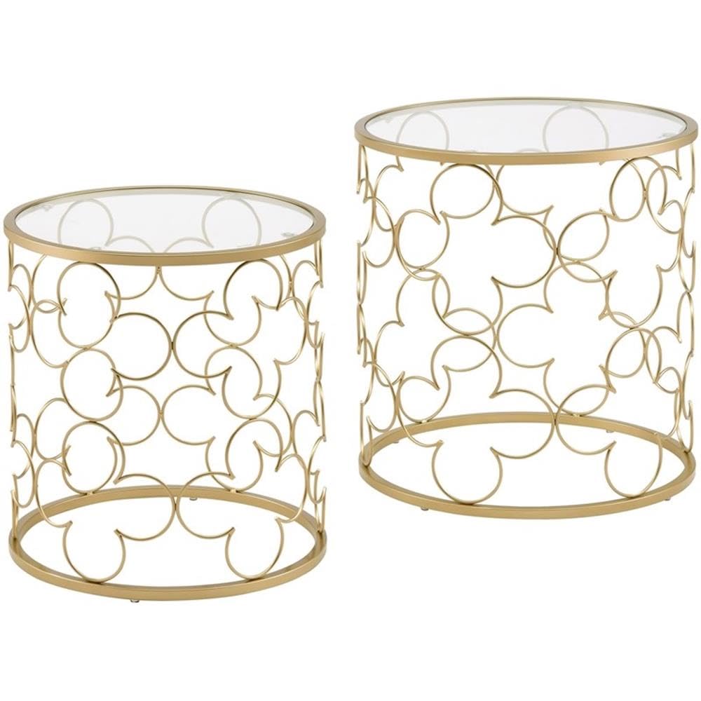 Acme Flowie 2-Piece Round Glass Top Nesting Table in Clear and Gold