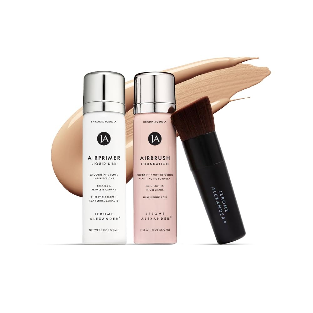 MagicMinerals AirBrush Foundation Set by Jerome Alexander - 3pc Set Includes Primer, Foundation and Kabuki Brush - Spray Makeup 