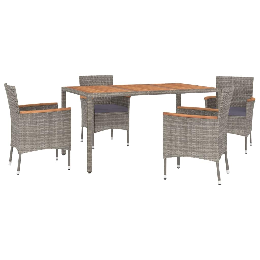 vidaXL 5-Piece Patio Dining Set – Gray Poly Rattan with Acacia Wood Table and Cushioned Chairs – Perfect for Outdoor Garden, Patio, Deck