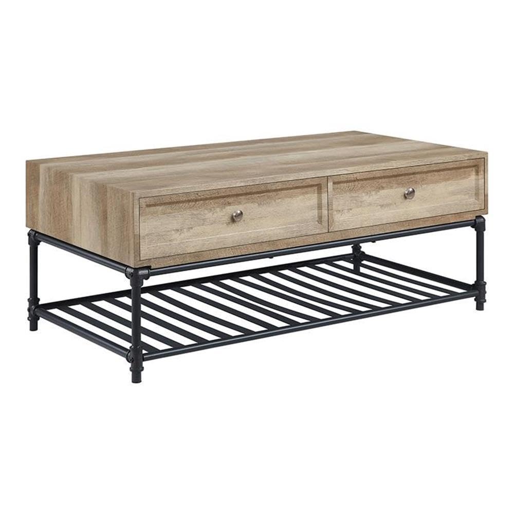 Acme Brantley 2-Drawer Wooden Coffee Table in Oak and Sandy Black