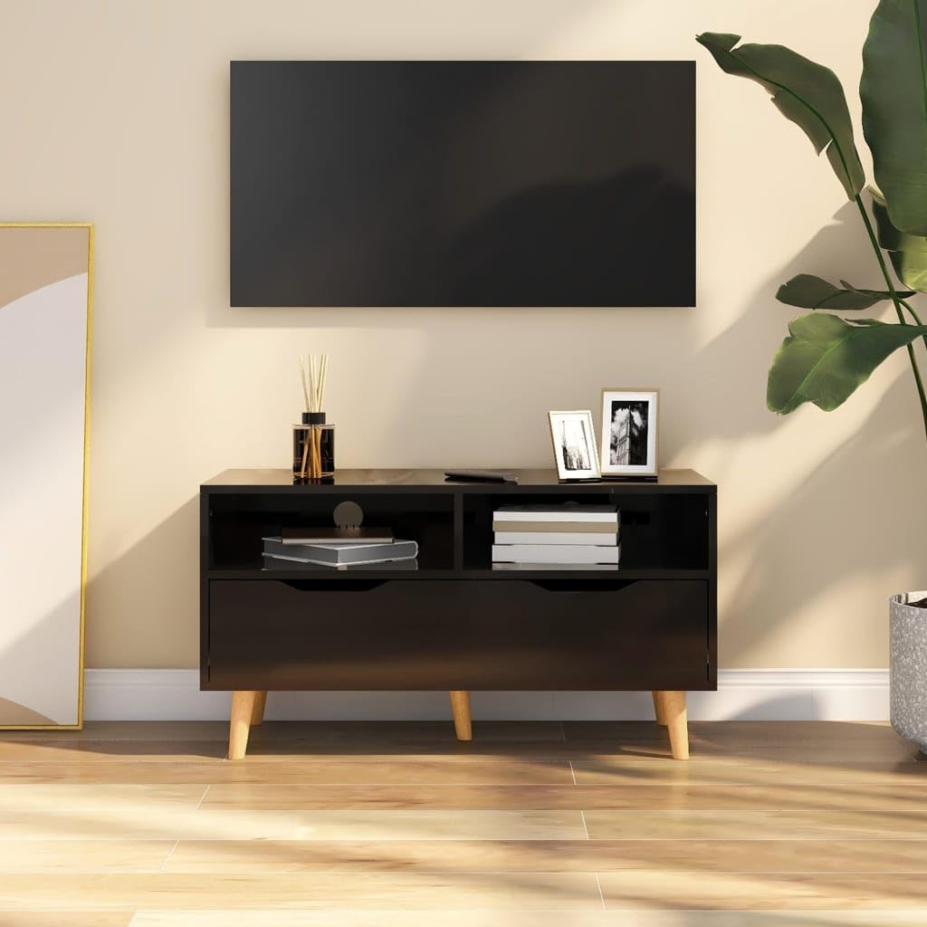 vidaXL Scandinavian Style TV Cabinet - Engineered Wood High Gloss Black - Ample Storage Space - Damp Cloth Cleanable - Safety Compliant