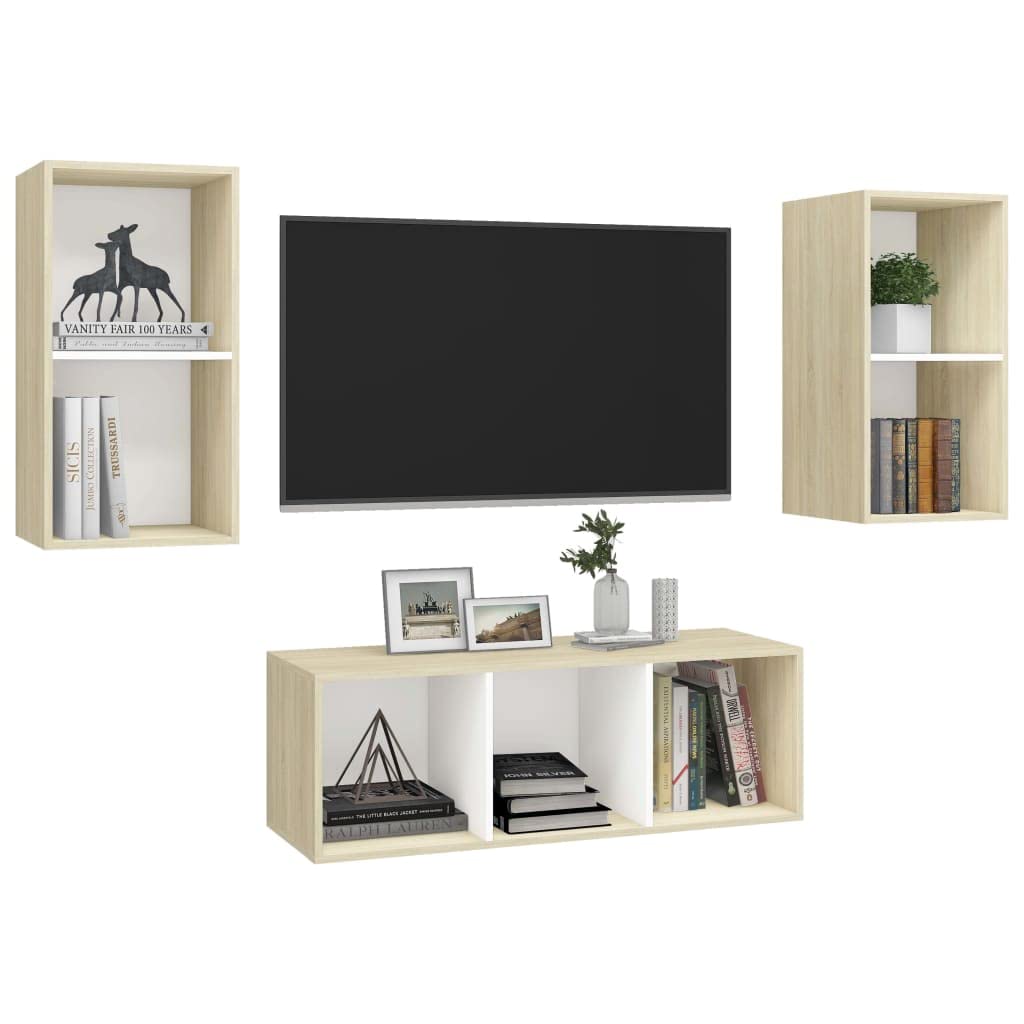 vidaXL TV Cabinet Set 3 Piece Hanging Wall Mount Stand Unit HiFi Stereo Plasma Cabinet Living Room Furniture White and Sonoma Oak Engineered Wood