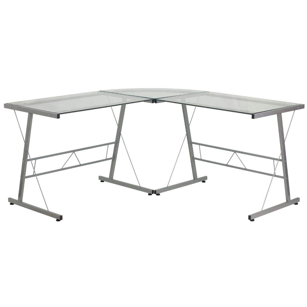 Flash Furniture Ginny L-Shaped Desk 83.5" Computer Corner Desk, Gaming Corner Desk, Home Office Corner Desk, Gaming Desk, Space Saving, Easy to Assemble, Clear