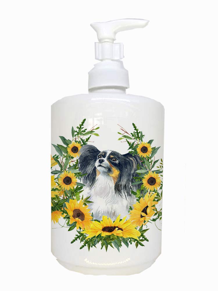Caroline's Treasures CK2849SOAP Papillon in Sunflowers Ceramic Soap Dispenser Hand Soap Dispenser Pump Bottles for Bathroom Kitc