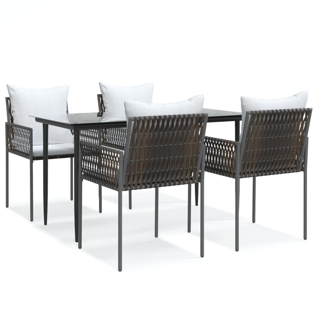 vidaXL 5 Piece Patio Dining Set with Cushions - Weather-Resistant Poly Rattan Material, Tempered Glass Tabletop, Comfortable Seating, Brown