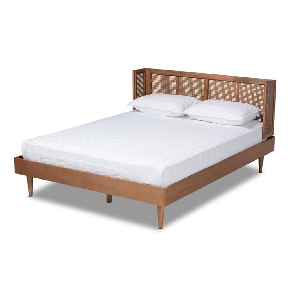 Baxton Studio Rina Mid-Century Modern Ash Wanut Finished Wood and Synthetic Rattan Full Size Platform Bed with Wrap-Around Headboard