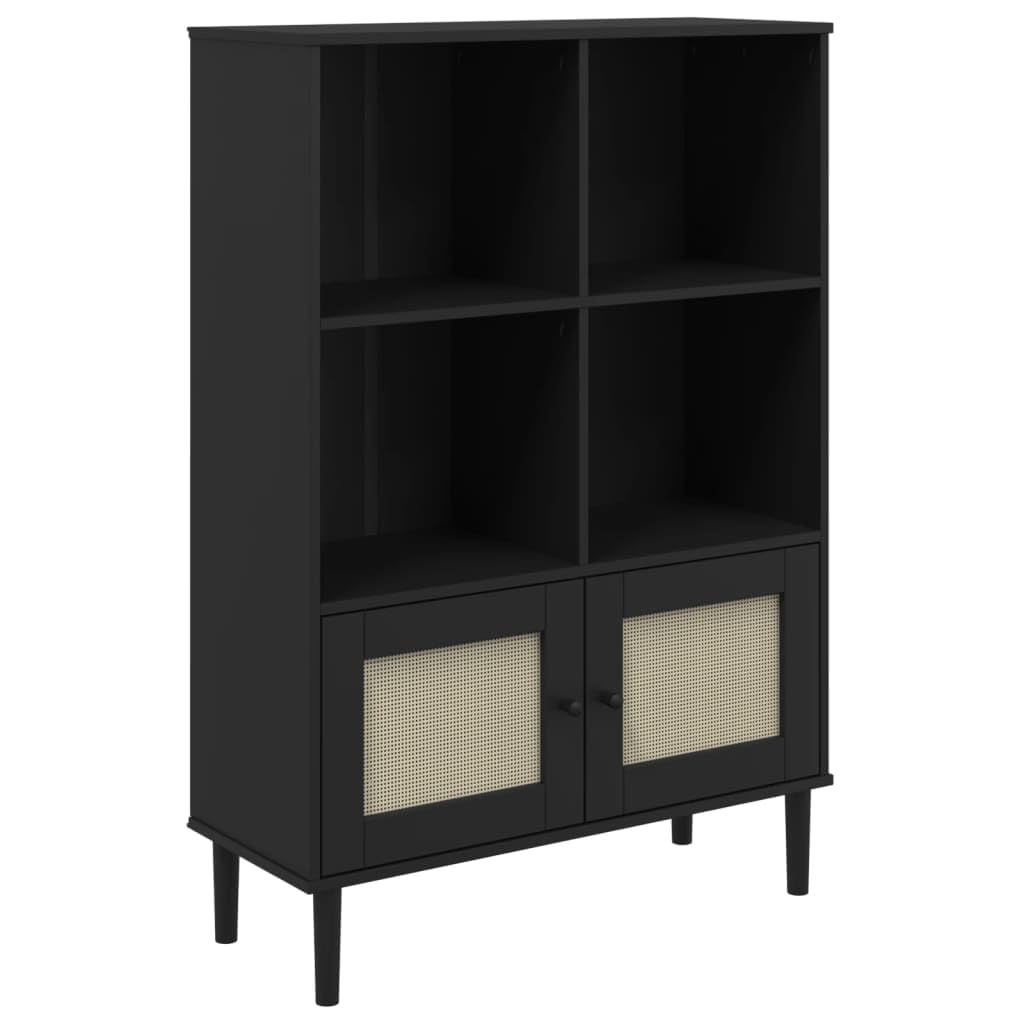 vidaXL SENJA Solid Pine Wood Bookcase - Black, Rattan Look Surface, Ample Storage Space, Handcrafted, Versatile for Office, Living Room, Bedroom