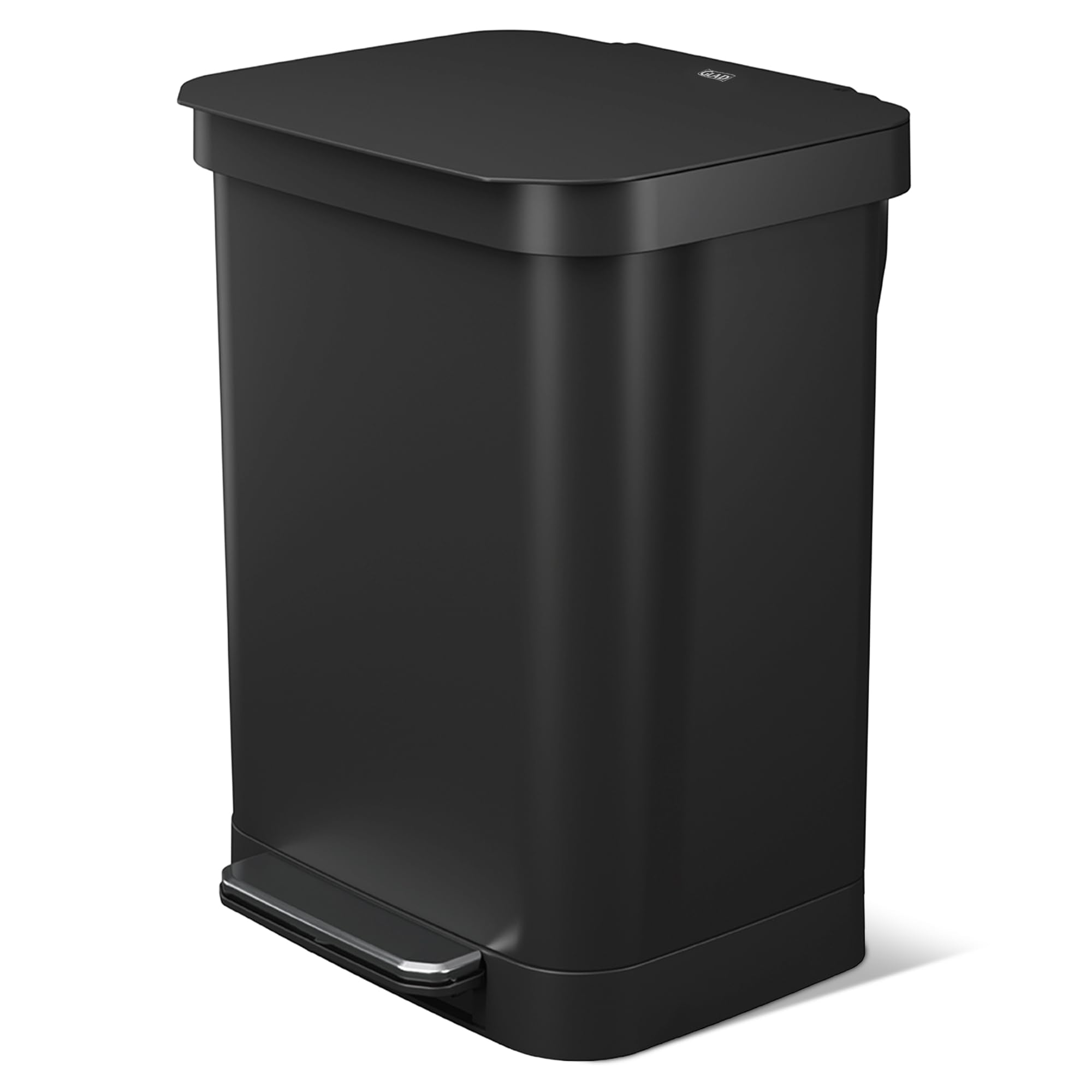 Glad Stainless Steel Step Trash Can, Series 2 with Clorox Protection - Large Black Kitchen Garbage Bin with Soft Close Lid, Foot