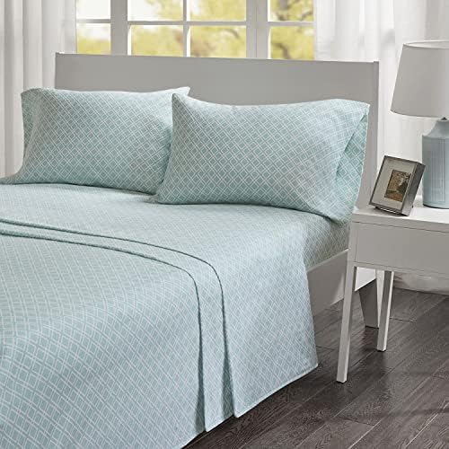 Comfort Spaces Cotton Flannel Breathable Warm Deep Pocket Sheets With Pillow Case Bedding, King, Aqua Geo 4 Piece