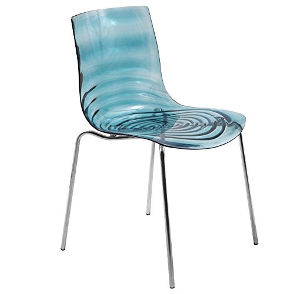 LeisureMod Water Ripple Design Modern Lucite Dining Side Chair with Metal Legs (Transparent Blue)