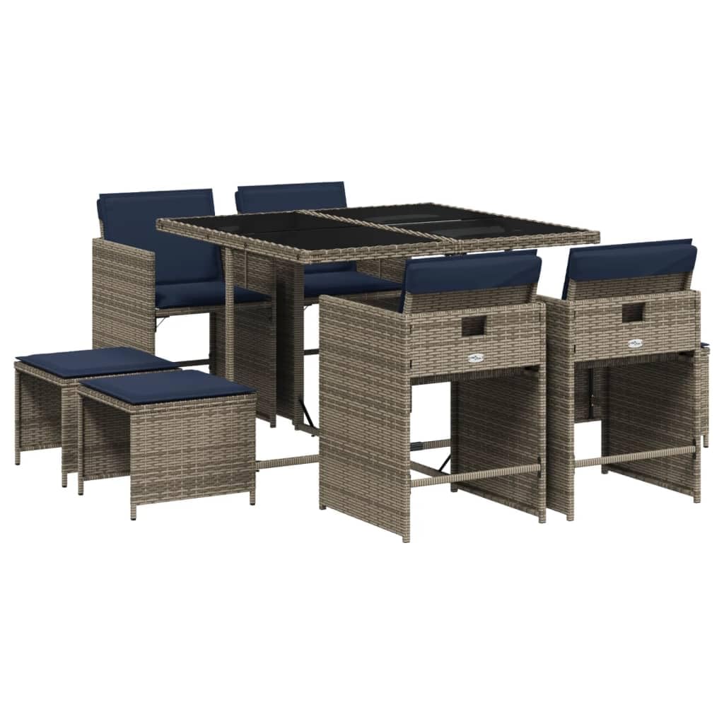 vidaXL Patio Dining Set with Cushions - 9 Piece Gray PE Rattan Garden Furniture/Foldable Chairs, Washable Covers - Tempered Glass Table
