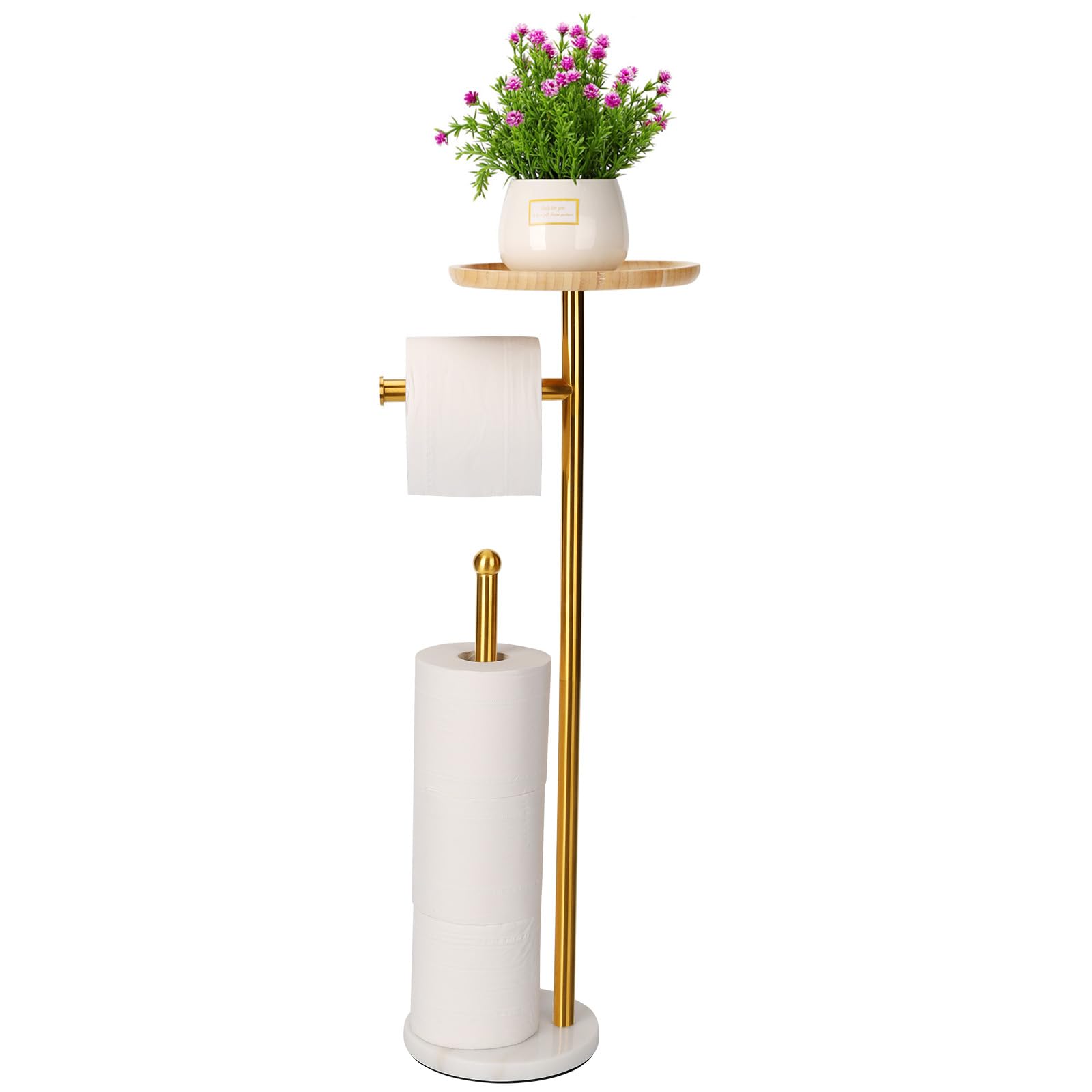 Standing Toilet Paper Holder Gold with 7.9 Big Tray, 2.2Lbs Heavier Marble Base, Freestanding Paper Holder Stand with Phone Shel