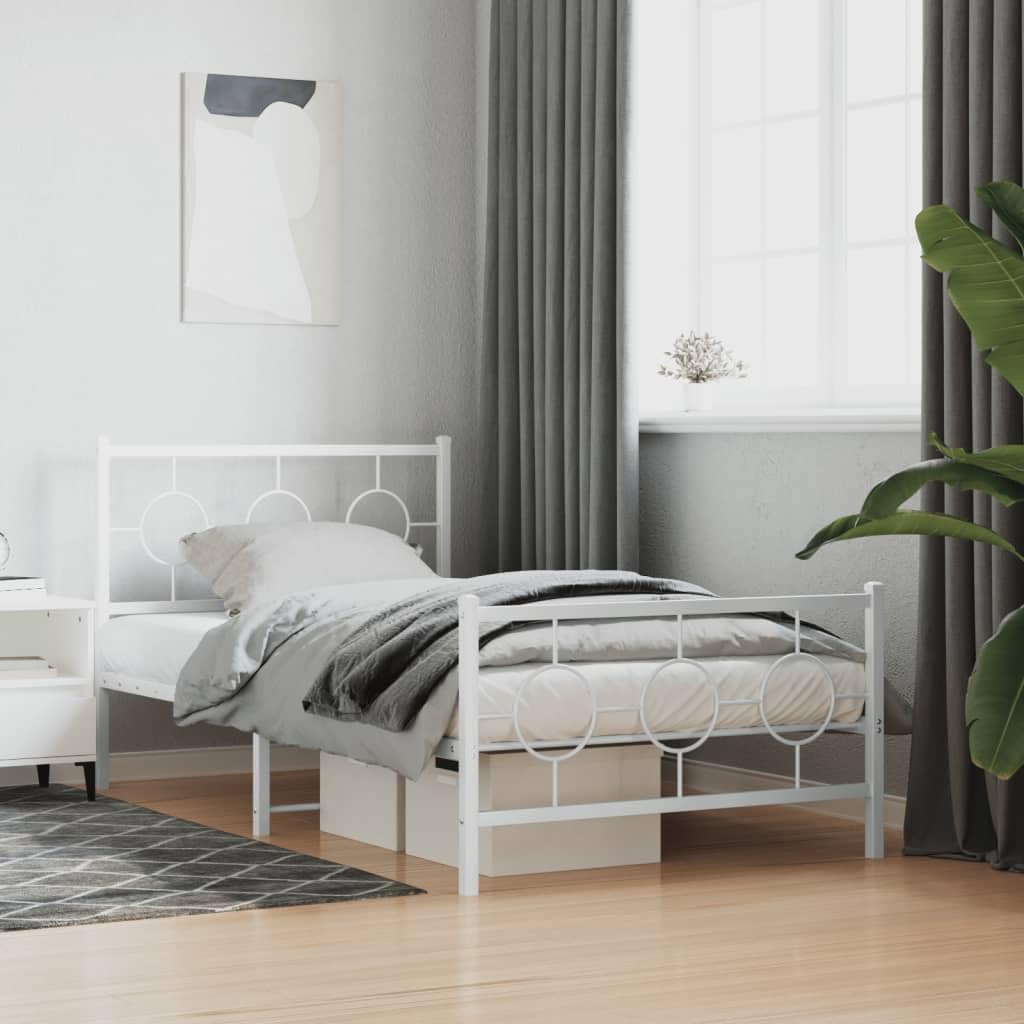 vidaXL White Metal Bed Frame - Single Bed, 39.4x78.7 with Headboard/Footboard, Steel Construction, Industrial Design for Bedroom
