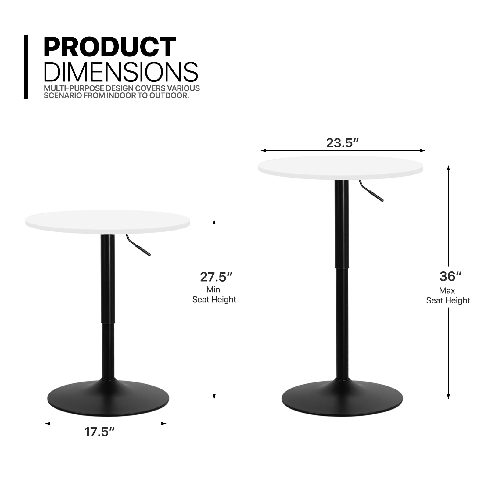 Monibloom Pub Round Table White Wood Texture Top With Metal Base And With Adjustable Height, 23.5' Diameter Modern Cocktail Bistro Table For Dining Bistro Cafe Home Bar (White)