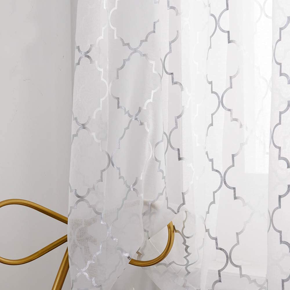 Yj Yanjun White Silver Kitchen Curtains 45 Inch Length Metallic Prin Short Curtains For Small Window Sheer Curtains 45 Inch Leng