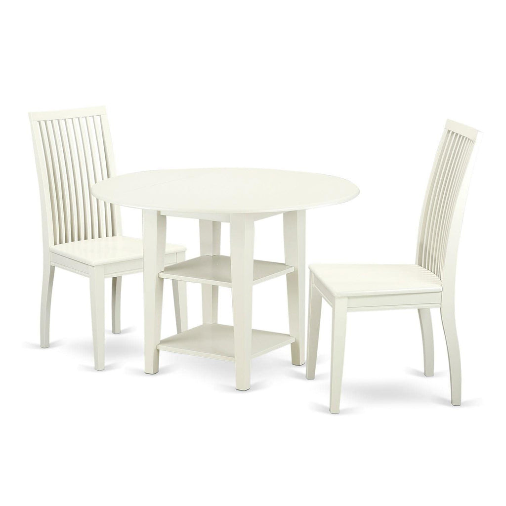 East West Furniture SUIP3-LWH-W 3 Piece Dining Room Table Set Contains a Round Kitchen Table with Dropleaf & Shelves and 2 Dining Chairs, 42x42 Inch, Linen White