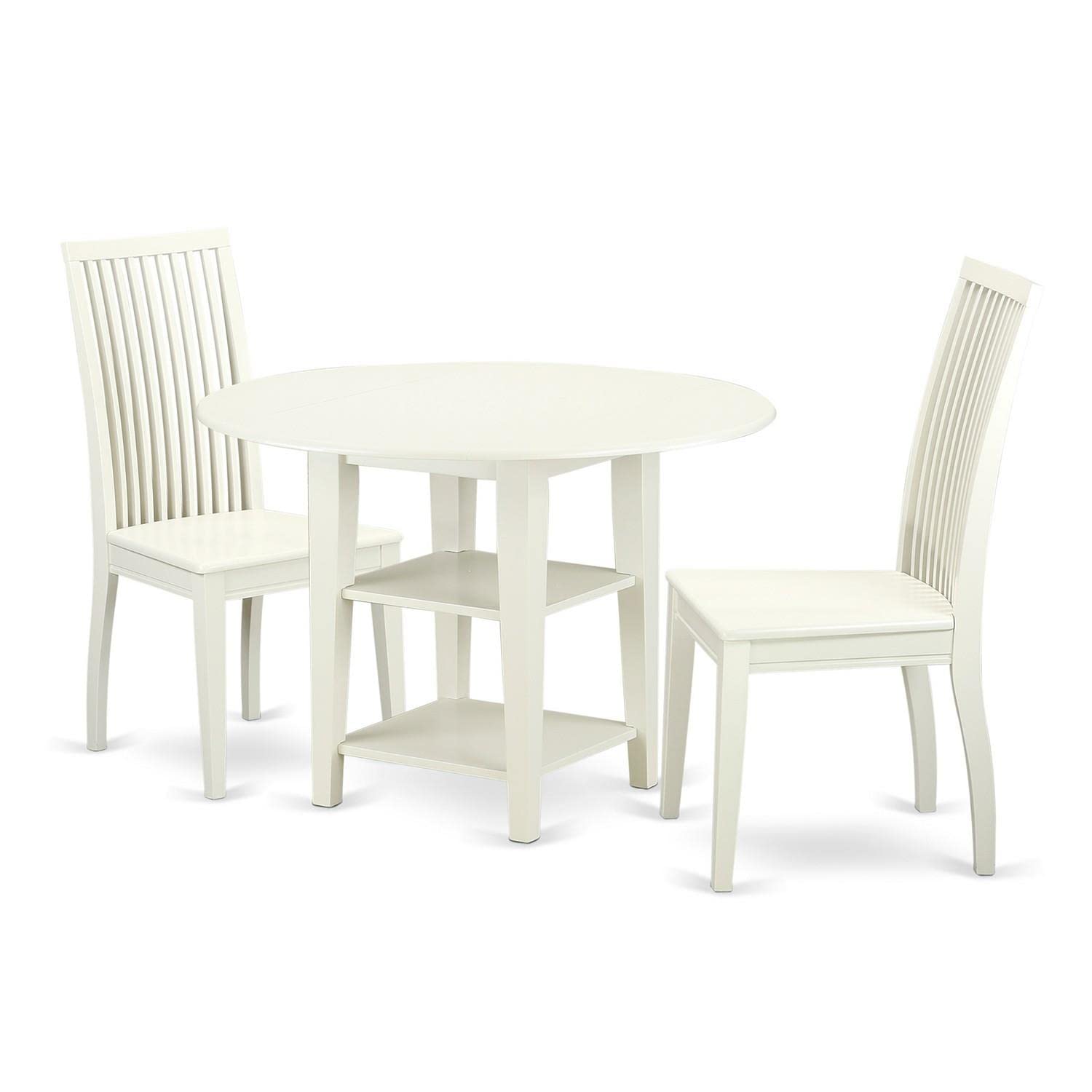 East West Furniture SUIP3-LWH-W 3 Piece Dining Room Table Set Contains a Round Kitchen Table with Dropleaf & Shelves and 2 Dining Chairs, 42x42 Inch, Linen White