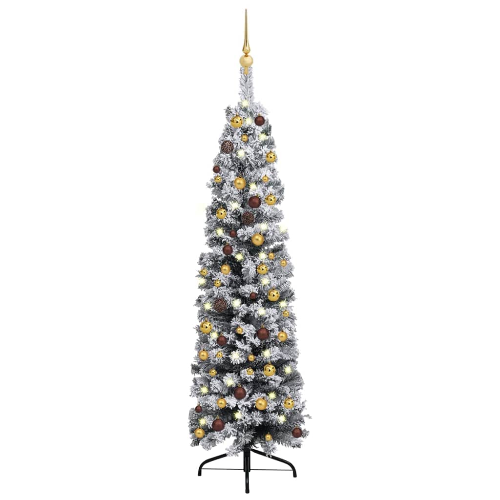 vidaXL Slim Pre-lit Artificial Christmas Tree with Snow Effect, Energy-Efficient LEDs, Ball Ornaments, and Stand - Green/Gold, 47.2&quot; Height