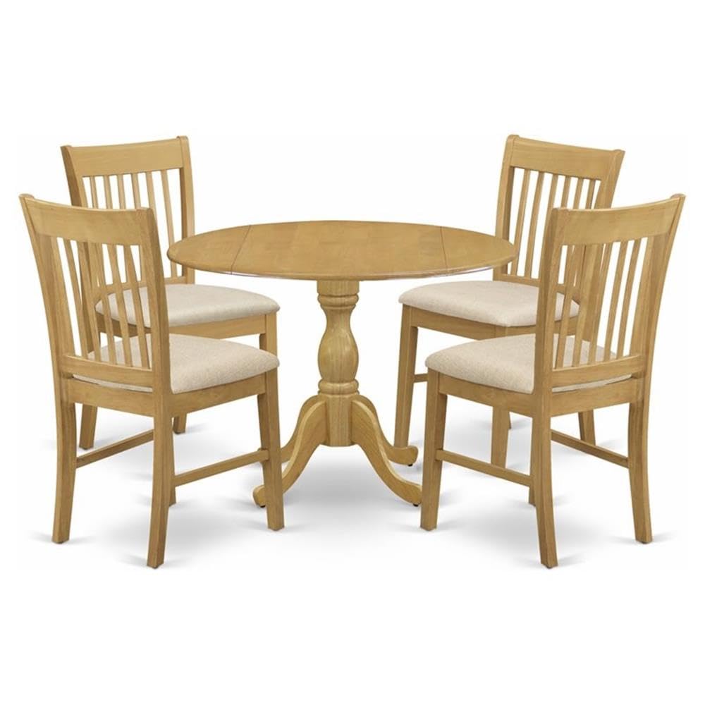 East West Furniture DMNF5-OAK-C 5 Piece Dining Room Furniture Set Includes a Round Dining Table with Dropleaf and 4 Linen Fabric Upholstered Chairs, 42x42 Inch, Oak
