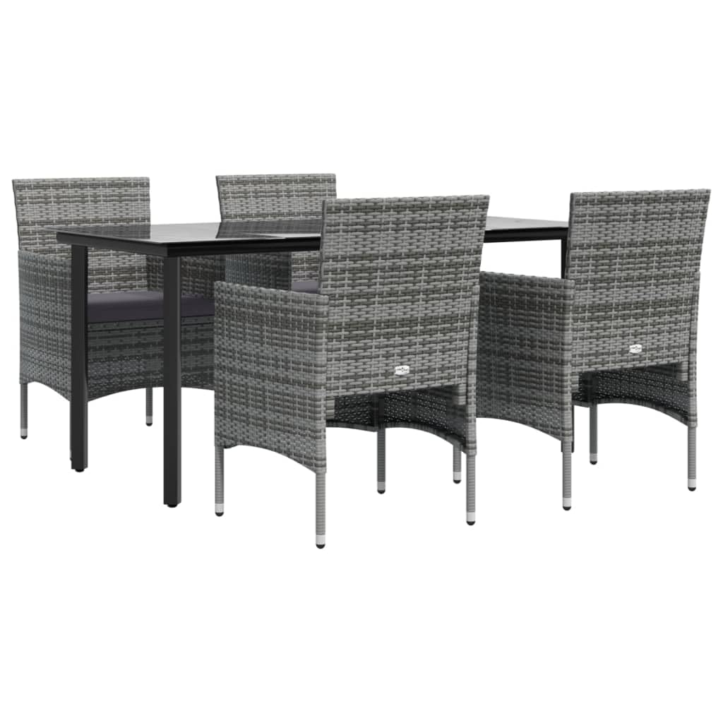 vidaXL 5 Piece Patio Dining Set - Gray and Black, Poly Rattan and Powder-Coated Steel, with Tempered Glass Tabletop and Cushioned Chairs for Outdoor Leisure and Dining