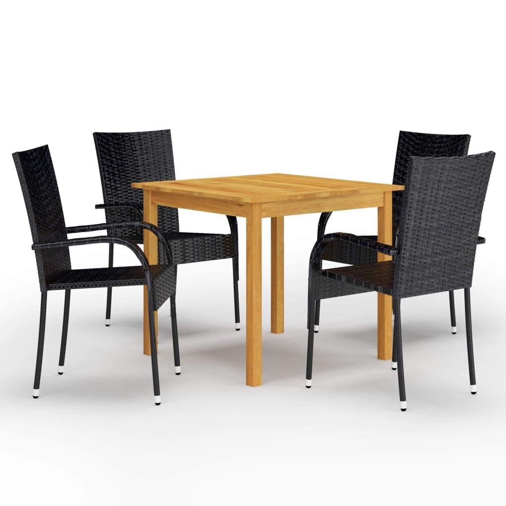 vidaXL 5 Piece Patio Dining Set - Solid Acacia Wood Table and Black PE Rattan Chairs - Weather-Resistant, Outdoor Furniture, Easy Assembly, Space-Saving Farmhouse Style