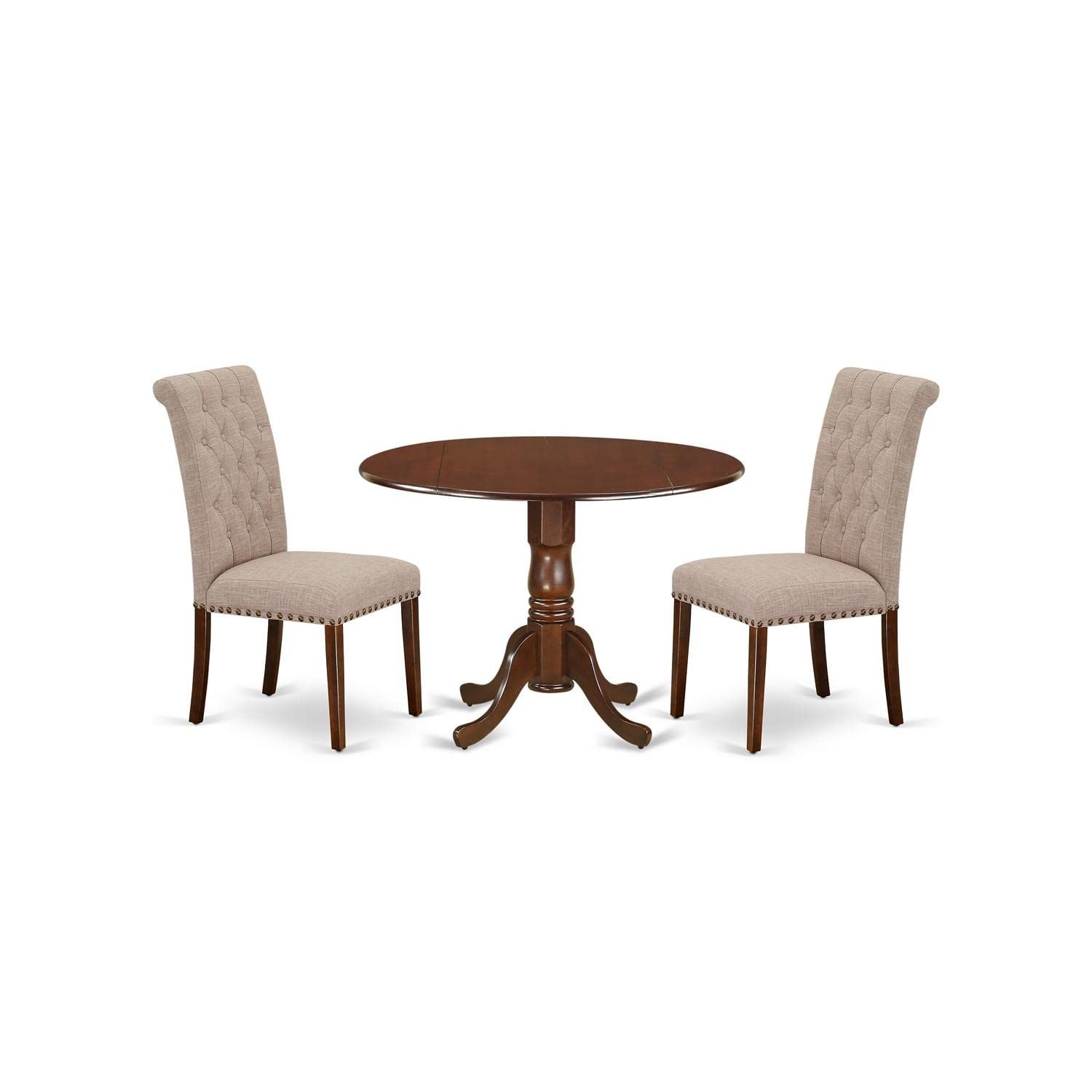 East West Furniture Dlbr3-Mah-04 3 Piece Dining Room Furniture Set Contains A Round Dining Table With Dropleaf And 2 Light Tan Linen Fabric Parsons Chairs, 42X42 Inch, Mahogany