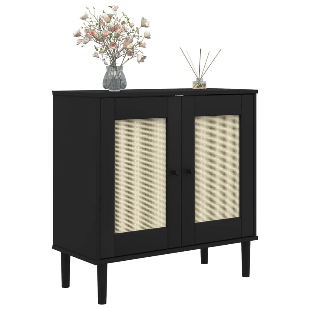 vidaXL SENJA Black Solid Pine Wood Sideboard with UV Varnish Finish and Rattan Look Surface - Ample Storage and Sturdy Top for Display