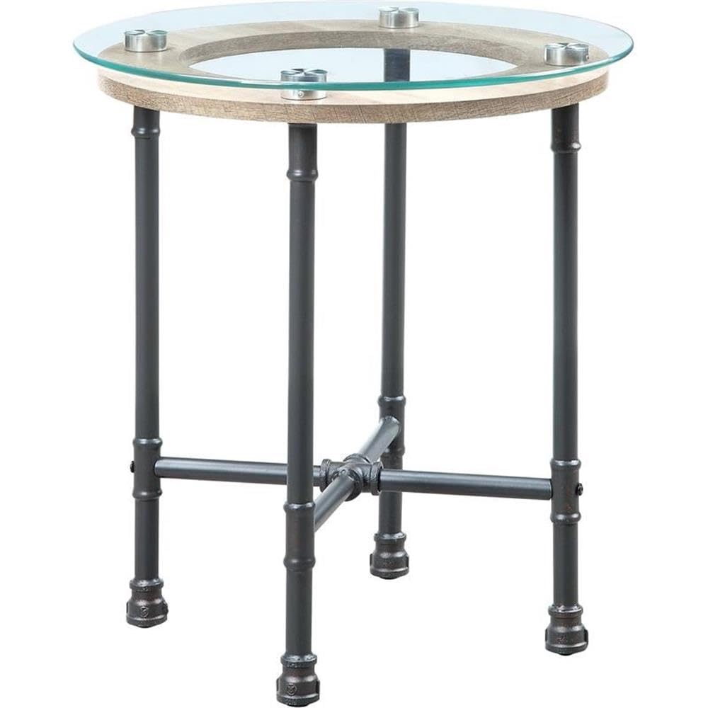 Acme Brantley Pipe Style Round Glass Top End Table in Clear and Sandy Gray